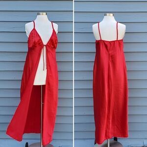 Vintage 90s y2k Red Sexy Satin Polyester Lingerie Boudoir Robe Cover Nightgown